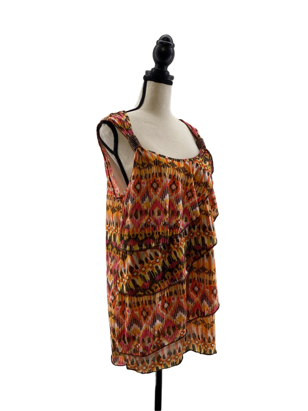 FADED GLORY Wm’s Sheer Ikat Print Sleeveless Tunic—Pink/Orange/Yellow/Brown—L